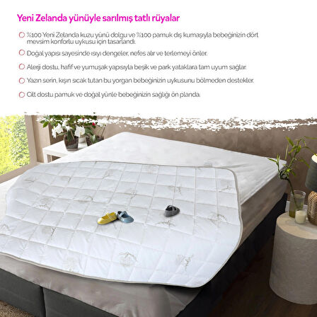 Huggy 75x125 Bebek Yorganı – %100 Yeni Zelanda Kuzu Yünü, %100 Pamuk Kumaş
