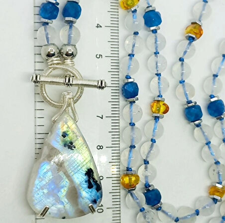 2449 Ay taşı Kehribar Kuvars Hematit el yapımı düğümlü kolye