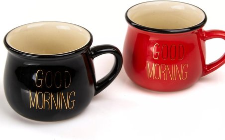 Mukko Home 2'Li Emaye Görünümlü Porselen Kupa Seti Good Morning Gold Yazılı 150 Ml,Kırmızı &amp; Siyah