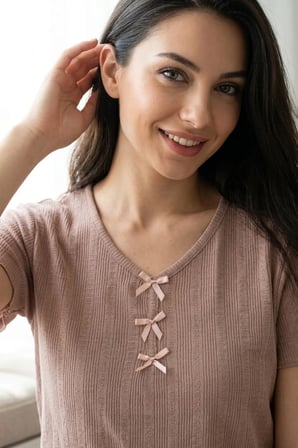 Kadın Bambu Viskon Transfer Ribana Kısa Kollu Düğmeli Pijama Takımı