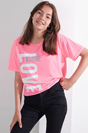 Kız Çocuk Neon Pembe Love Yazı Baskı 7-15 Yaş T-Shirt 4815