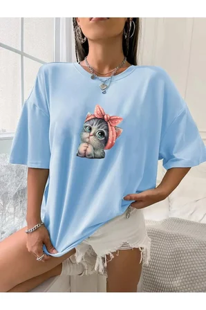 Unisex Sevimli Kedi Tasarım T-shirt