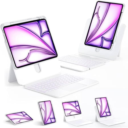 iPad Air 11 inç 5/6/7/8 Nesil Uyumlu 360 Dönebilen Standlı Darbe Korumalı Bluetoothlu Işıklı Klavye (Beyaz)
