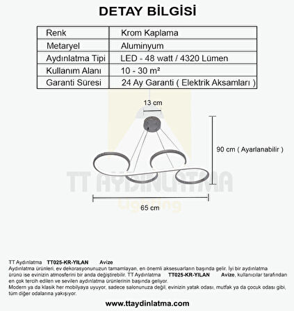 TT025-KR TT Aydınlatma Yılan Modeli Krom Kaplama 3 Renk Modüllü Led Avize