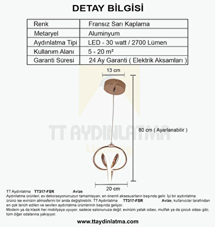 TT317-FSR TT Aydınlatma Stilla Modeli Fransız Sarısı Kaplama ( Beyaz Işık ) Led Avize
