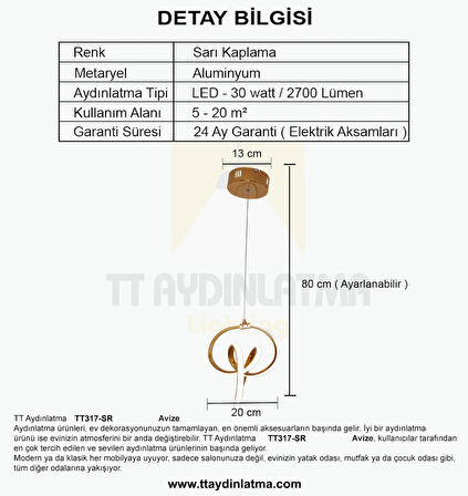 TT317-SR TT Aydınlatma Stilla Modeli Sarı Kaplama ( Gün Işığı ) Led Avize