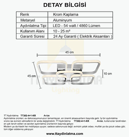 TT302-4+1-KR KARE TT Aydınlatma Krom Kaplama Plofonyer 5 li ( Gün Işığı ) Led Avize