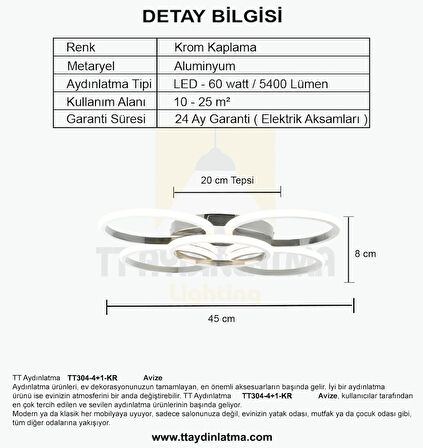 TT304-4+1-KR-3RN YUVARLAK TT Aydınlatma 3 RENK IŞIK MODÜLLÜ Krom Kaplama 5 li Led Avize
