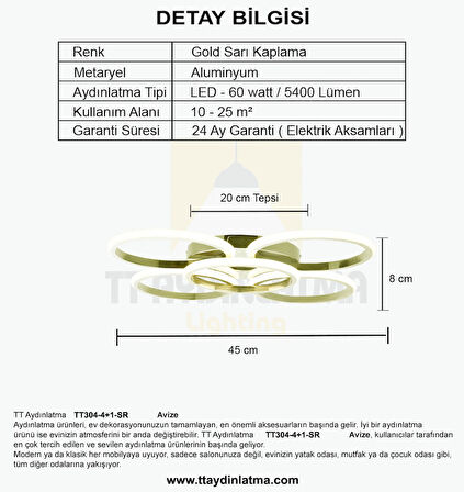 TT304-4+1-SR-BYR YUVARLAK TT Aydınlatma BEYAZ IŞIK LED Sarı Kaplama 5 li Led Avize