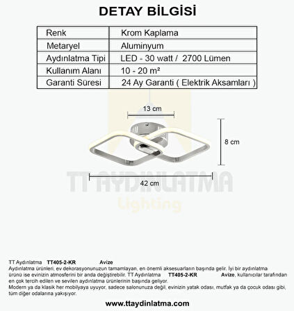 TT405-2-KR TT Aydınlatma Krom Kaplama 2 li Kare ( Beyaz Işık ) Led Avize