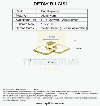 TT405-2-SR TT Aydınlatma Sarı Kaplama 2 li Kare ( 3 Renk Işık Modüllü ) Led Avize