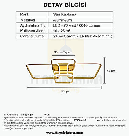TT500-4-SR TT Aydınlatma Sarı Kaplama ( Beyaz Işık ) Plofonyer 4 lü Led Avize