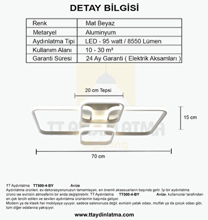 TT500-4-BY TT Aydınlatma ( Sarı Işık ) Mat Beyaz Plofonyer 4 lü Led Avize