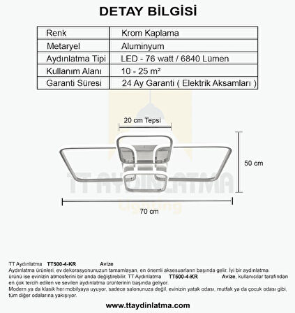 TT500-4-KR TT Aydınlatma Krom Kaplama ( Gün Işığı ) Plofonyer 4 lü Led Avize