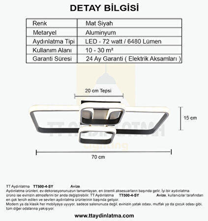 TT500-4-SY TT Aydınlatma ( 3 Renk Işık Modüllü ) Mat Siyah Plofonyer 4 lü Led Avize