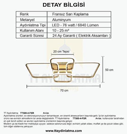 TT500-4-FSR TT Aydınlatma Fransız Sarı Kaplama ( Sarı Işık ) Plofonyer 4 lü Led Avize