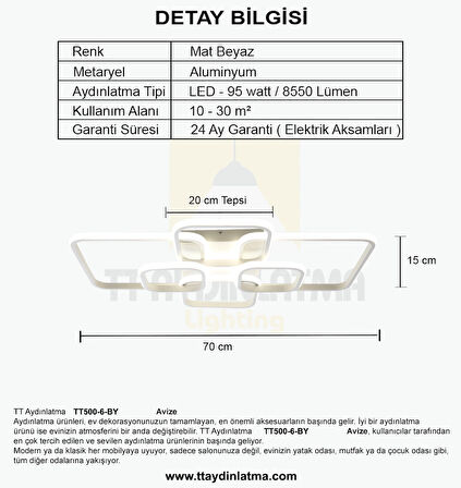TT500-6-BY TT Aydınlatma ( 3 Renk Işık Modüllü ) Mat Beyaz Plofonyer 6 lı Led Avize