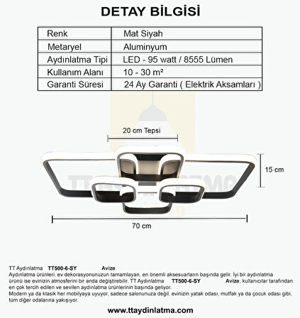 TT500-6-SY TT Aydınlatma ( 3 Renk Işık Modüllü ) Mat Siyah Plofonyer 6 lı Led Avize