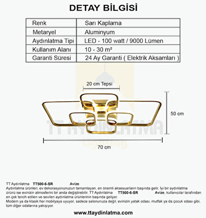 TT500-6-SR TT Aydınlatma Sarı Kaplama ( Gün Işığı ) Plofonyer 6 lı Led Avize