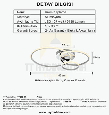 TT323-KR TT Aydınlatma 3 Halkalı Krom Kaplama Plofonyer ( Beyaz Işık )  Led Avize