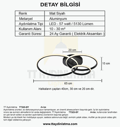 TT323-SY TT Aydınlatma 3 Halkalı Mat Siyah Plofonyer ( Sarı Işık ) Led Avize