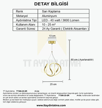 TT306-25-SR TT Aydınlatma Orta Kavis Sarı Kaplama ( 3 Renk Işık Modüllü ) Ledli Avize