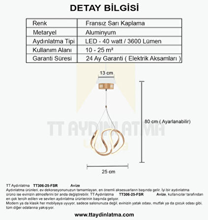 TT306-25-FSR TT Aydınlatma Orta Kavis Fransız Sarı Kaplama ( Gün Işığı ) Ledli Avize