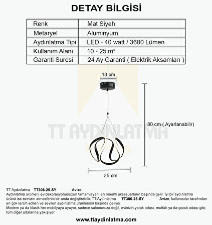 TT306-25-SY TT Aydınlatma Orta Kavis Mat Siyah ( Beyaz Işık ) Ledli Avize