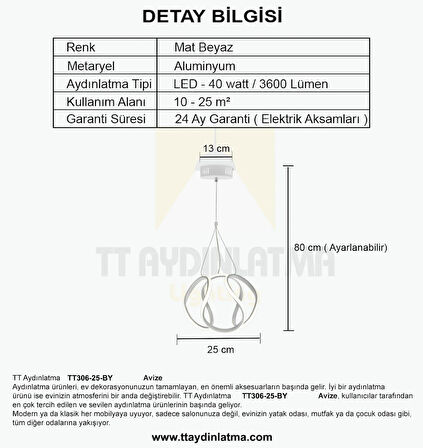 TT306-25-BY TT Aydınlatma Orta Kavis Mat Beyaz ( Sarı Işık ) Ledli Avize