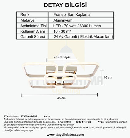 TT302-4+1-FSR KARE TT Aydınlatma ( Beyaz Işık ) Fransız Sarı Kaplama 5 li Led Avize