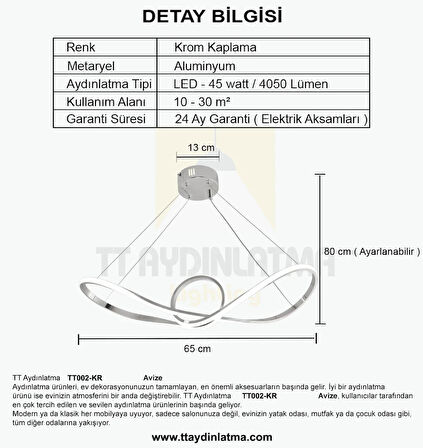 TT002-KR TT Aydınlatma Papyon Modeli Krom Kaplama ( Gün Işığı ) Led Avize