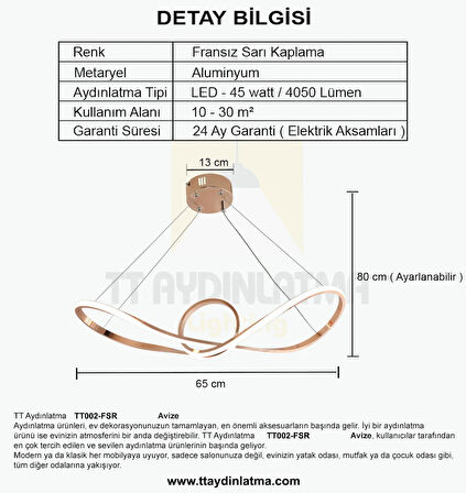 TT002-FSR TT Aydınlatma Papyon Modeli Fransız Sarı Kaplama ( Gün Işığı ) Led Avize