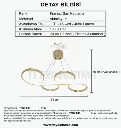 TT025-FSR TT Aydınlatma Yılan Modeli Fransız Sarı Kaplama ( Sarı Işık ) Led Avize