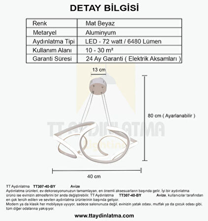 TT307-40-BY TT Aydınlatma Helezon Modeli ( Gün Işığı ) Mat Beyaz Led Avize