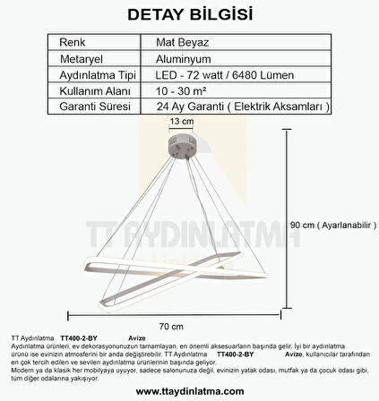 TT400-2 BY TT Aydınlatma Dikdörtgen ( Beyaz Işık ) 2 li Mat Beyaz Led Avize