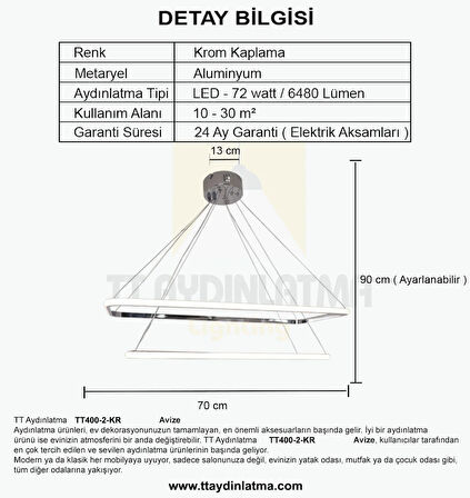 TT400-2 KR TT Aydınlatma Dikdörtgen ( Gün Işığı )  2 li Krom Kaplama Led Avize