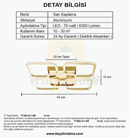 TT302-4+1-SR KARE TT Aydınlatma ( Gün Işıığı ) Sarı Kaplama Plofonyer 5 li Led Avize