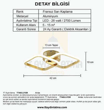 TT405-2-FSR TT Aydınlatma ( Beyaz Işık ) Fransız Sarı Kaplama 2 li Kare Led Avize