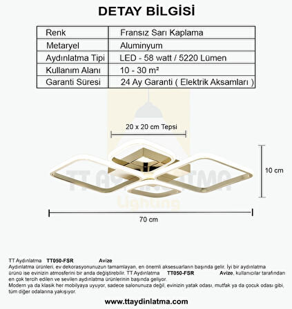 TT050-FSR TT Aydınlatma ( 3 Renk Işık Modüllü ) Baklava Desen Fransız Sarı Kaplama 4 lü Led Avize