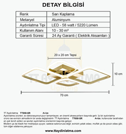 TT050-SR TT Aydınlatma ( 3 Renk Işık Modüllü ) Baklava Desen Sarı Kaplama 4 lü Led Avize