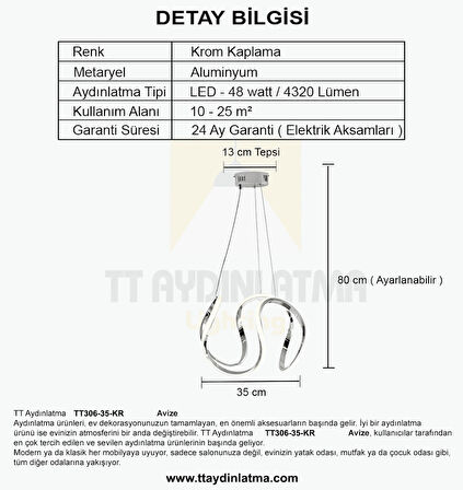 TT306-35-KR TT Aydınlatma ( Sarı Işık ) Kavis Modeli Krom Kaplama Led Avize
