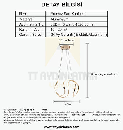 TT306-35-FSR TT Aydınlatma ( Sarı Işık ) Kavis Modeli Fransız Sarı Kaplama Led Avize