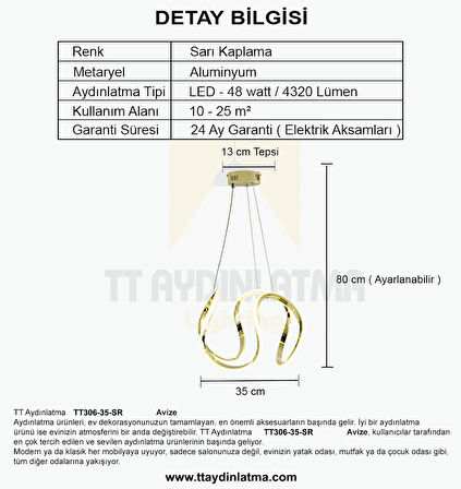TT306-35-SR TT Aydınlatma ( Gün Işığı ) Kavis Modeli Sarı Kaplama Led Avize