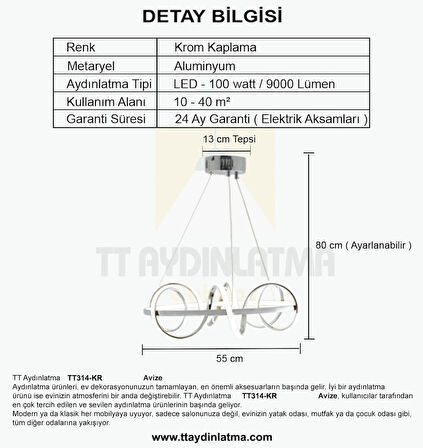 TT314-KR TT Aydınlatma ( Beyaz Işık ) Büyük Sarmal Modeli Krom Kaplama Led Avize
