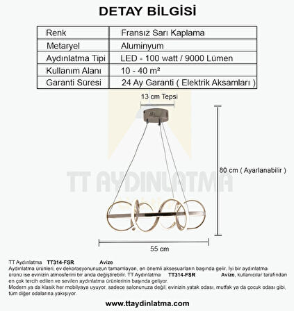 TT314-FSR TT Aydınlatma ( 3 Renk Işık Modüllü ) Büyük Sarmal Modeli Fransız Sarı Kaplama Led Avize
