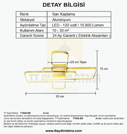 TT040-SR TT Aydınlatma ( Sarı Işık ) Sarı Kaplama Plofonyer Led Avize