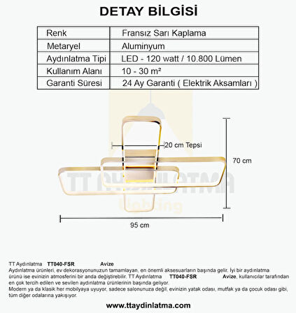 TT040-FSR  TT Aydınlatma ( Sarı Işık ) Fransız Sarısı Kaplama Plofonyer Led Avize