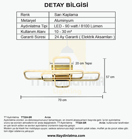TT324-SR TT Aydınlatma ( 3 Renk Işık Modüllü ) 57 x 17 Profil Sarı Kaplama 3 lü Plofonyer Led Avize
