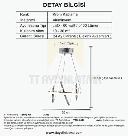TT005-KR-SRR TT Aydınlatma SAR IŞIK LED Burgu Modeli Krom Kaplama Led Avize