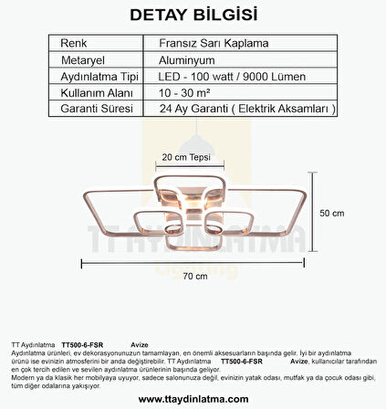 TT500-6-FSR TT Aydınlatma Fransız Sarı Kaplama ( 3 Renk Işık Modüllü ) Plofonyer 6 lı Led Avize